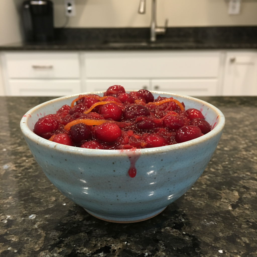 A vibrant bowl of homemade cranberry relish, ready to be served.
