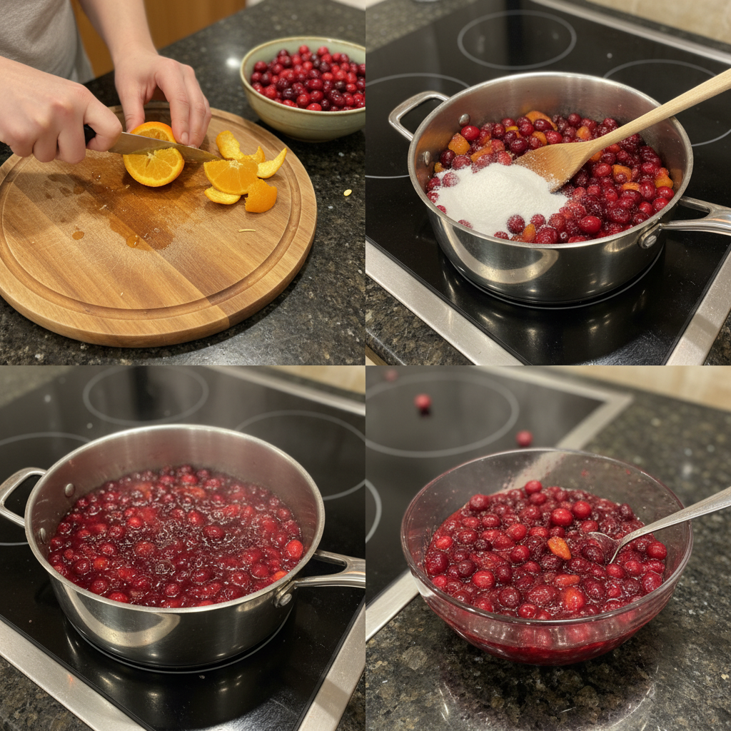 Step-by-step images showing how to prepare cranberry relish.