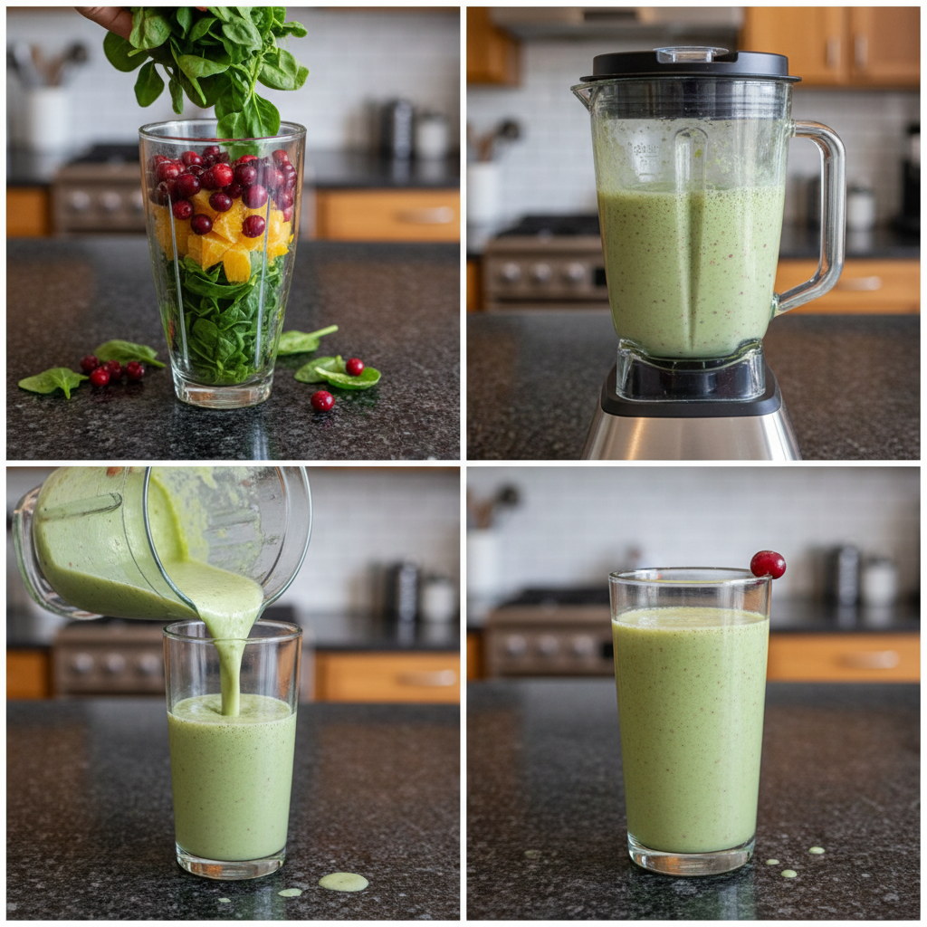 Blending cranberry spinach smoothie in a high-speed blender until smooth.
