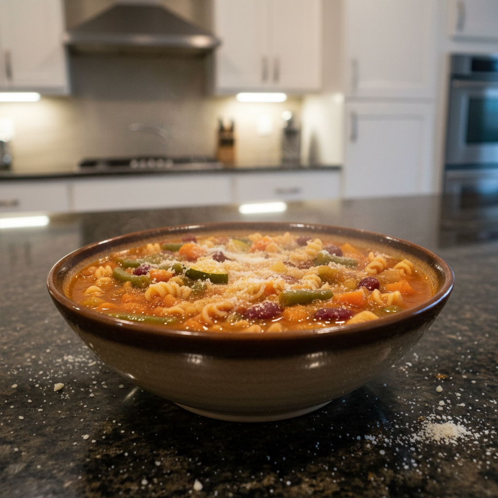 A hearty bowl of crockpot minestrone soup filled with colorful vegetables and pasta.