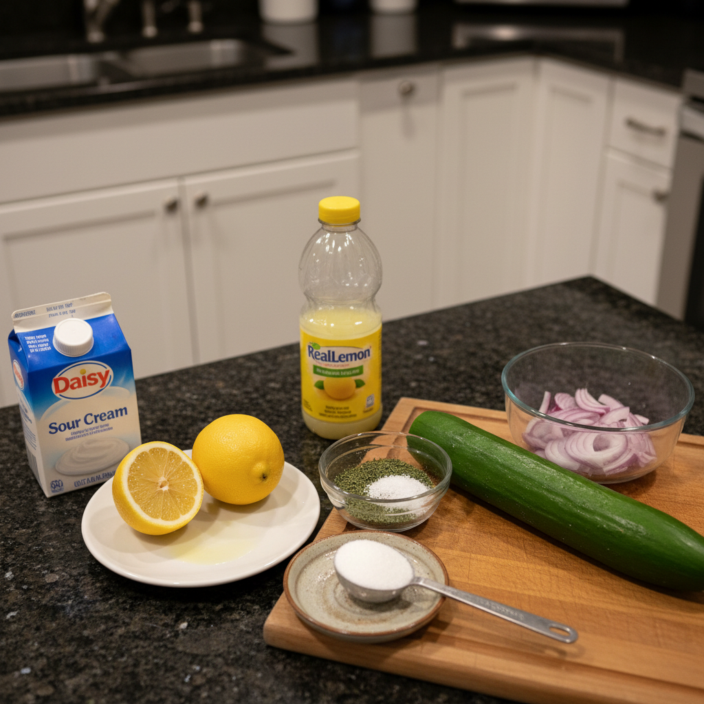 Cucumber salad ingredients including cucumbers, dill, vinegar.