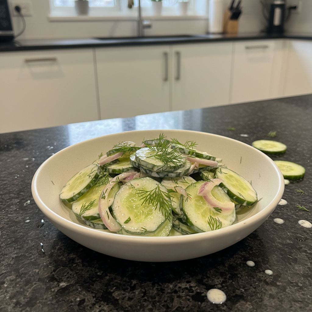Fresh cucumber salad with dill and a tangy vinaigrette dressing.