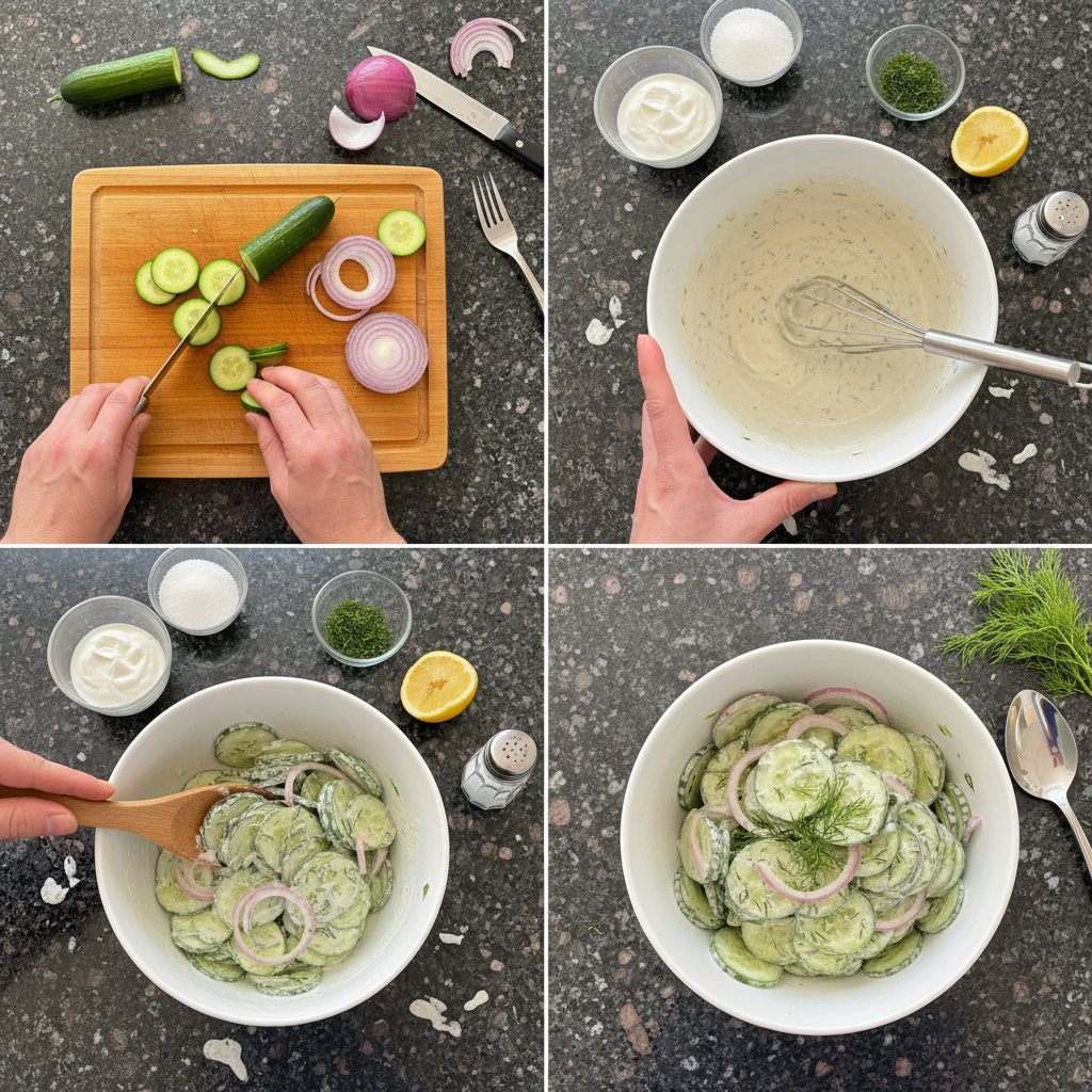 Preparing the cucumber salad with sliced cucumbers and dill.