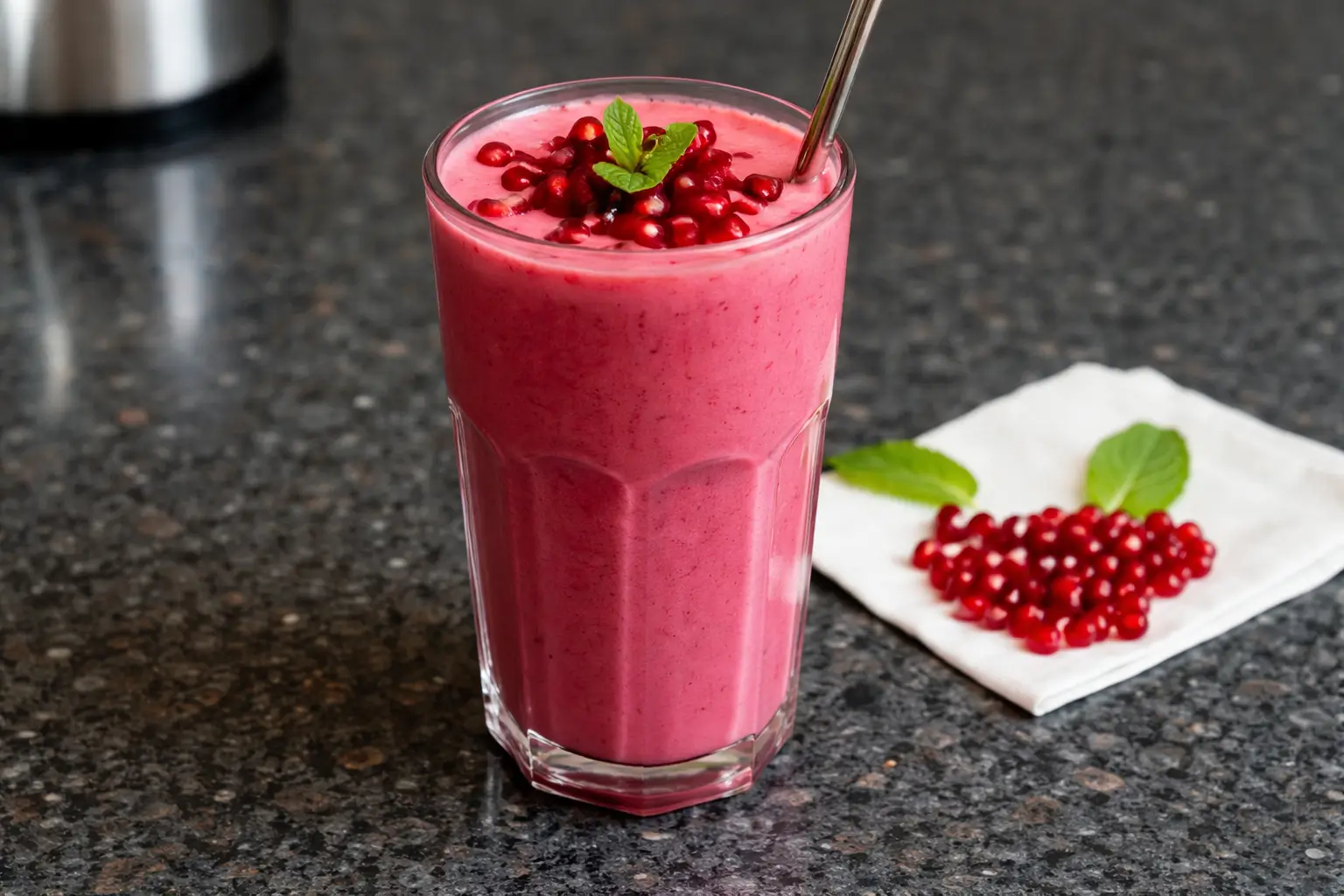 Vibrant pomegranate smoothie in a glass, garnished with seeds.