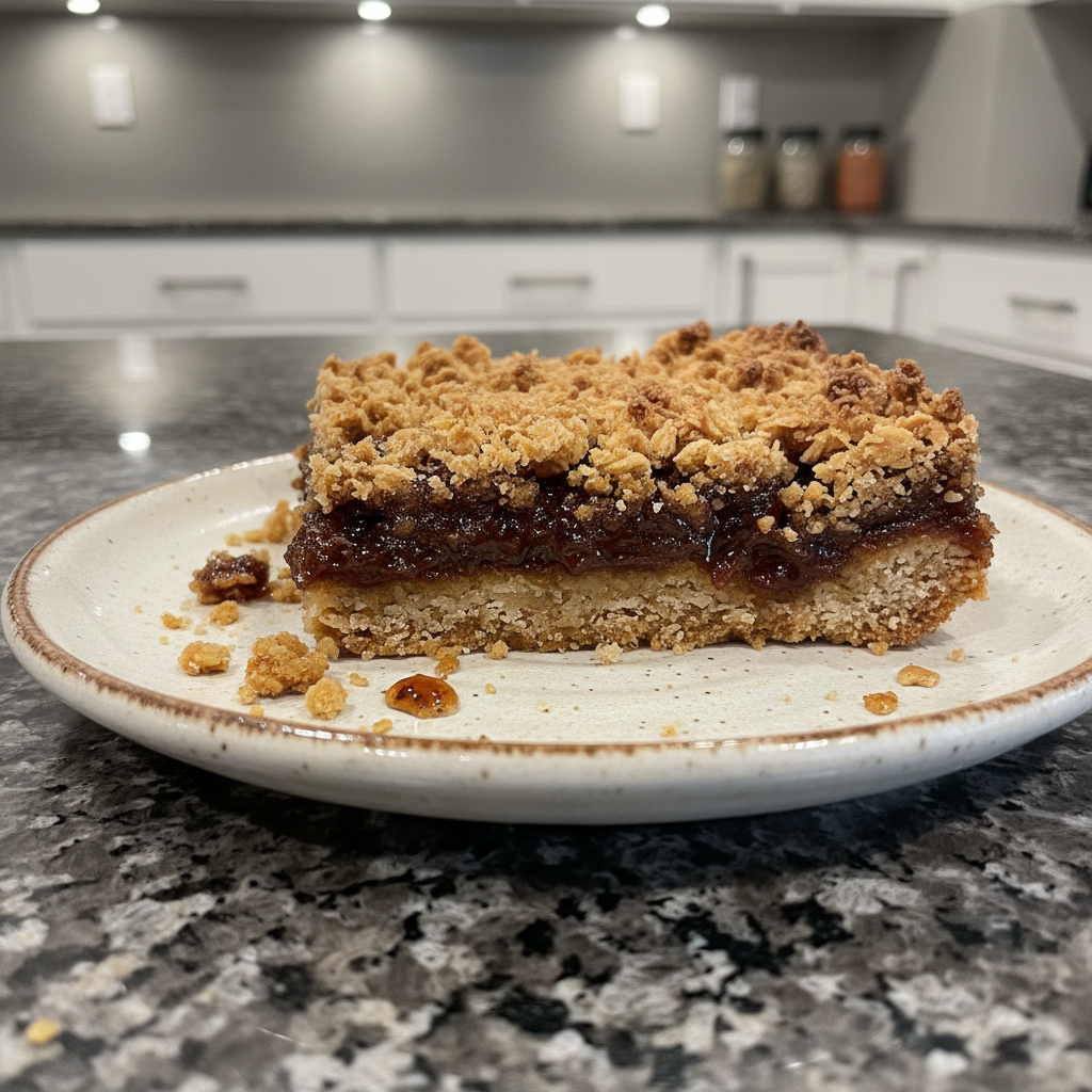 Golden date bars with a crumbly oat topping, fresh from the oven.