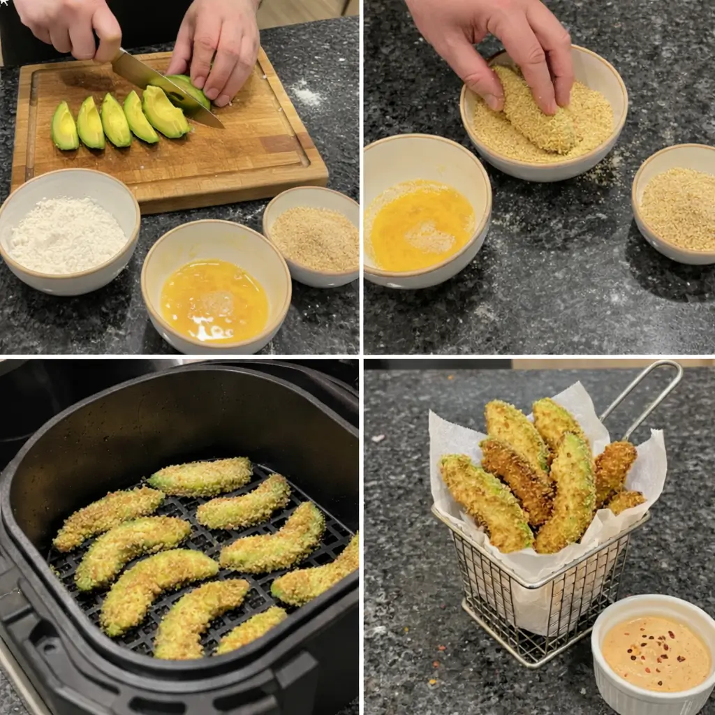 avocado-fries-prep Preparing avocado fries by coating avocado slices in breadcrumbs.
