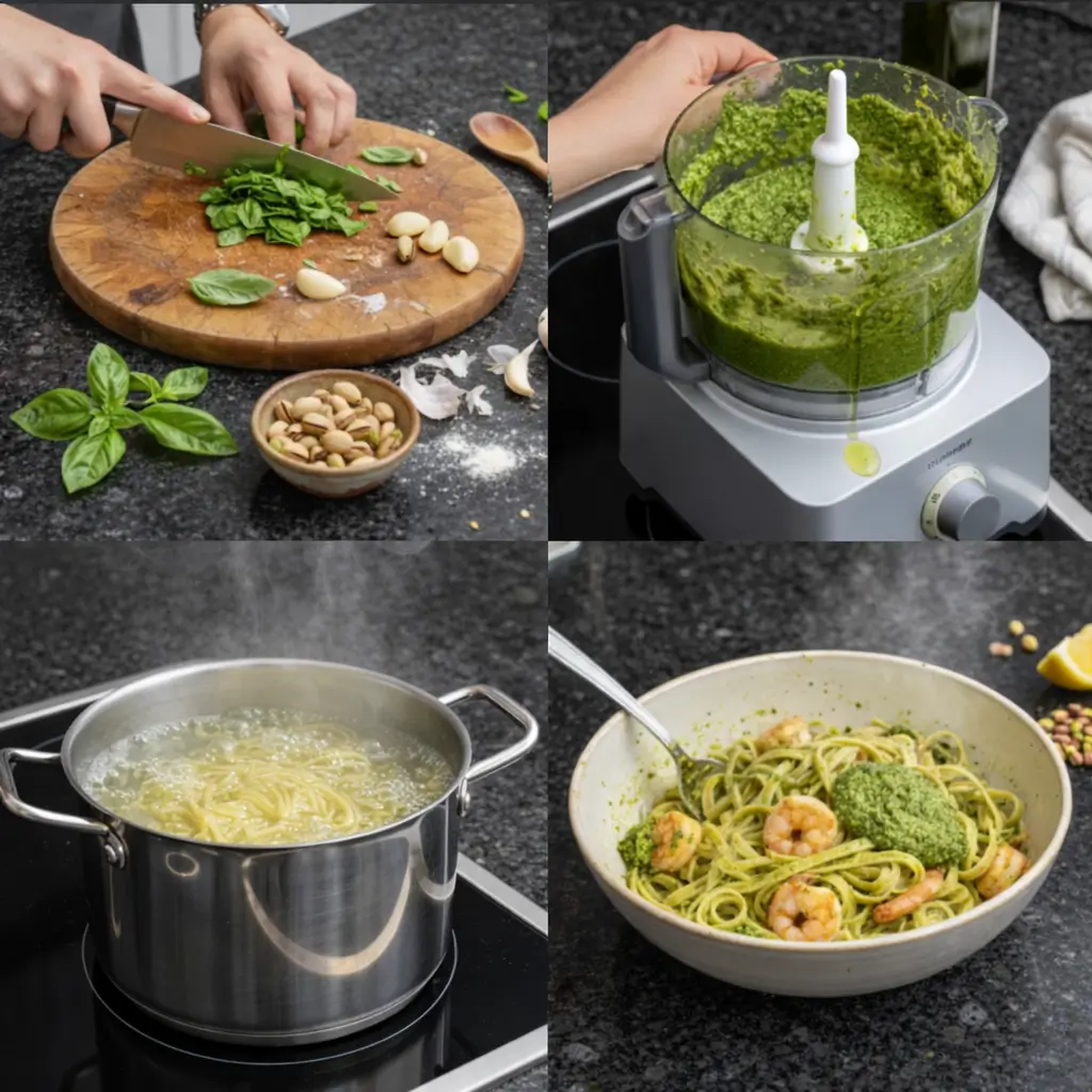 pasta-shrimp-pistachio-pesto-prep Step-by-step prep of cooking Pasta with Shrimp and Pistachio Pesto.