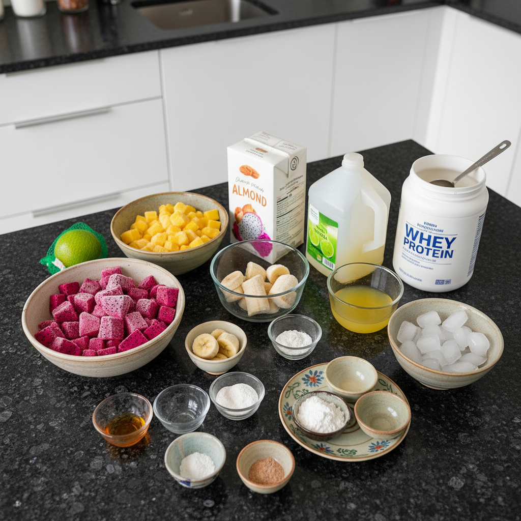 Fresh ingredients for a delicious dragon fruit smoothie recipe.