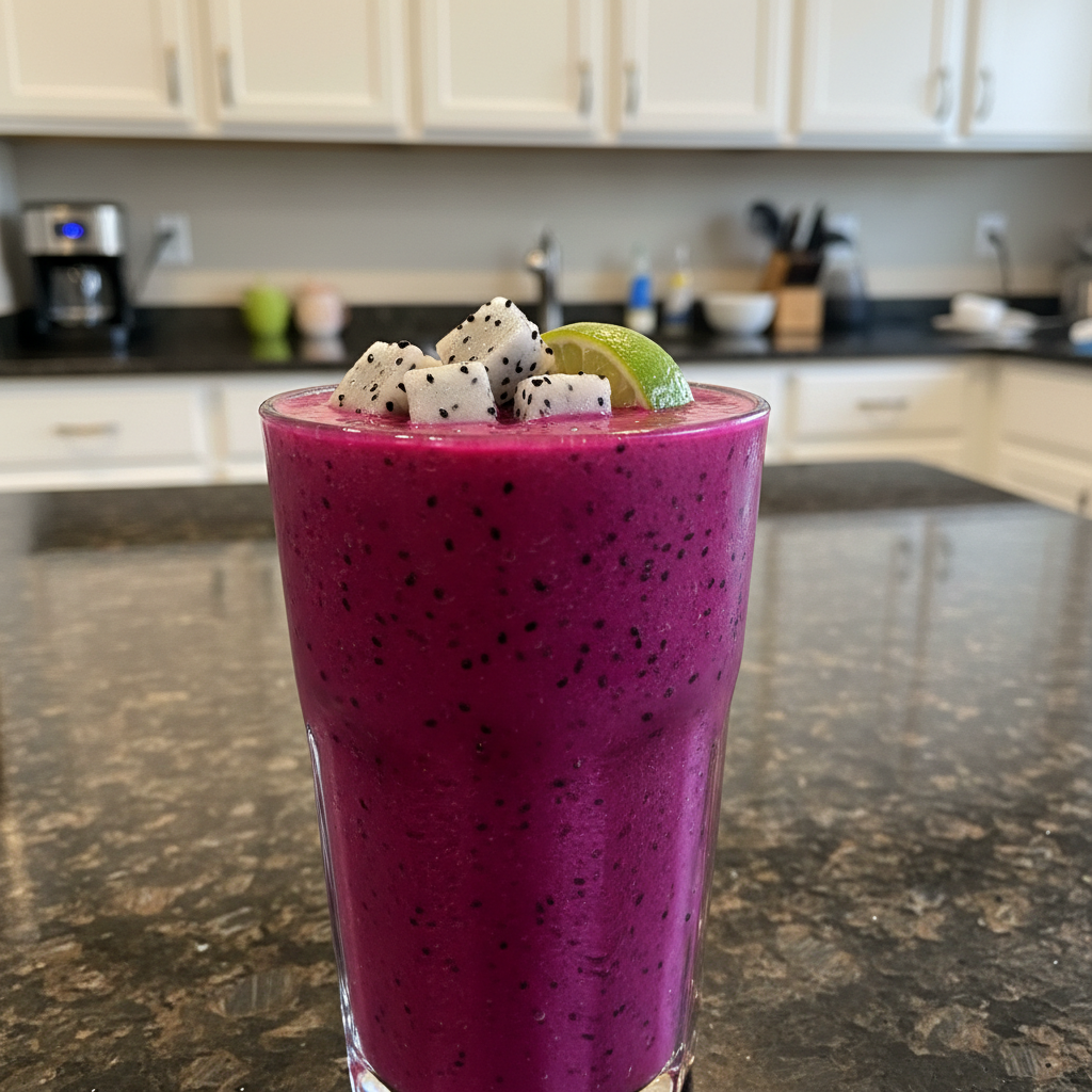 Vibrant dragon fruit smoothie in a glass, garnished with fresh fruit.