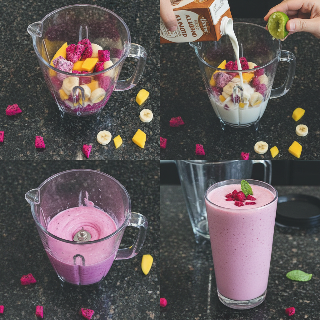 Blending the healthy dragon fruit smoothie in a blender.