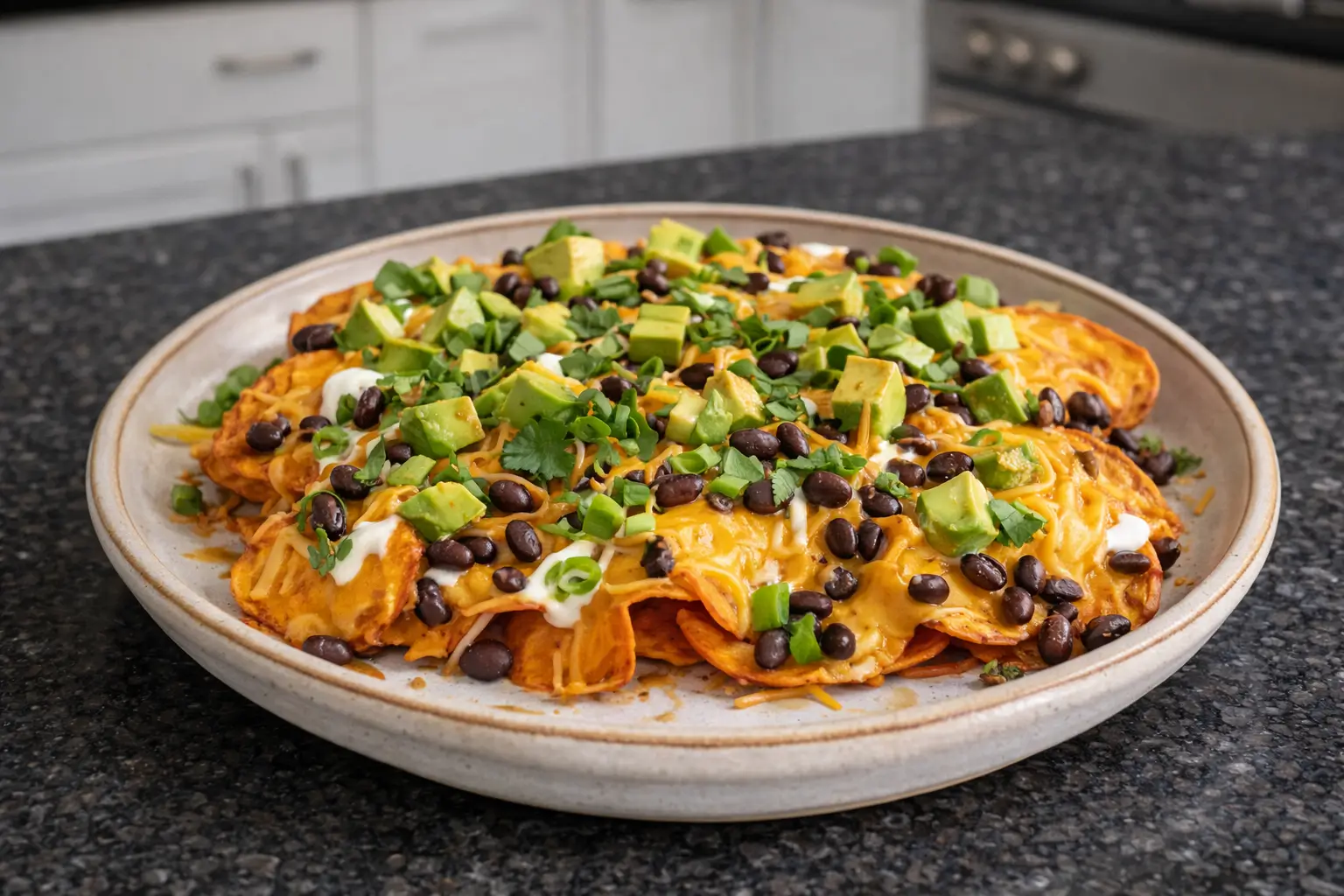 Sweet Potato Nachos with Smoky Maple Twist 1 Pile of vibrant sweet potato nachos with black beans, corn, and creamy avocado sauce.