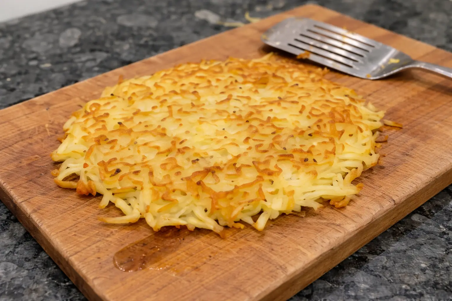 Golden crispy hash browns on a plate, ready to eat.