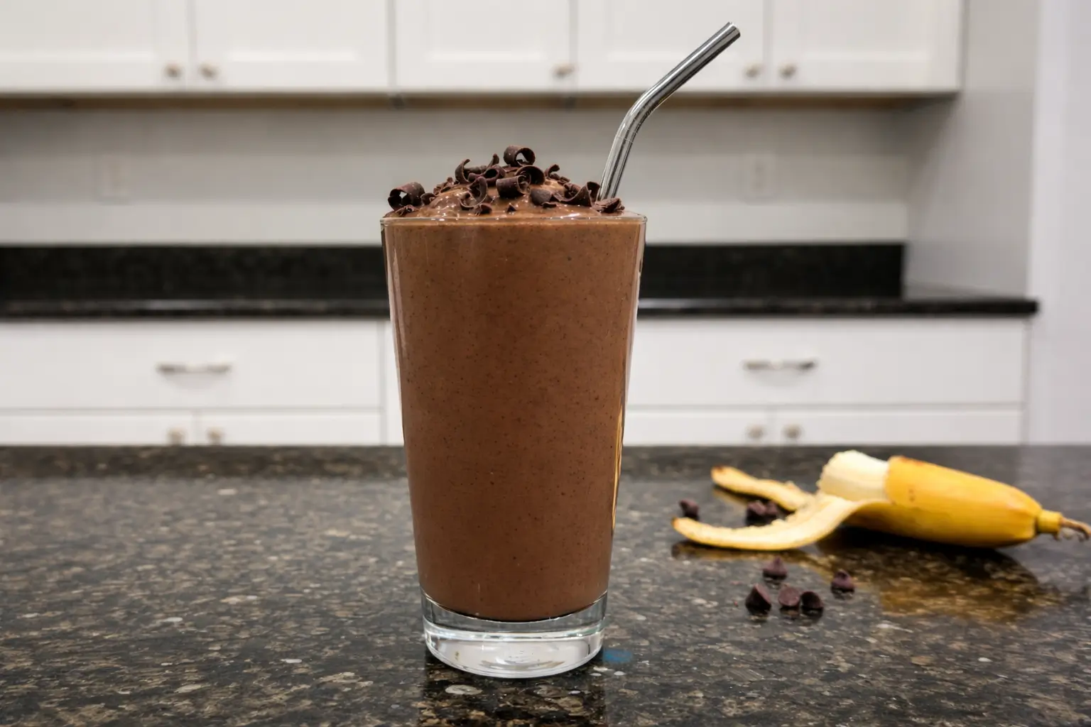 Creamy chocolate peanut butter smoothie in a glass with toppings.