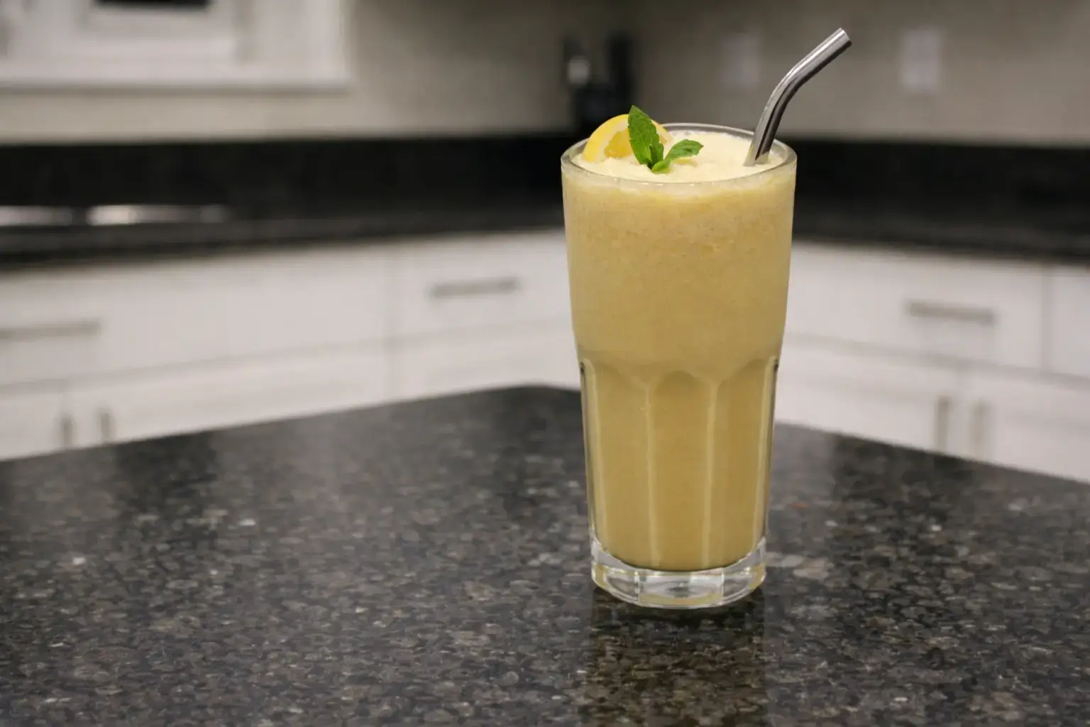Refreshing melon smoothie in a glass with sliced melon.