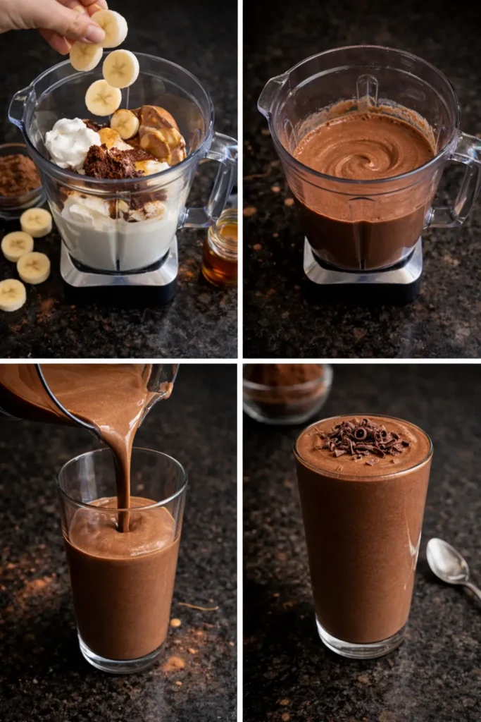 chocolate-peanut-butter-smoothie-prep Blending the chocolate peanut butter smoothie ingredients together.