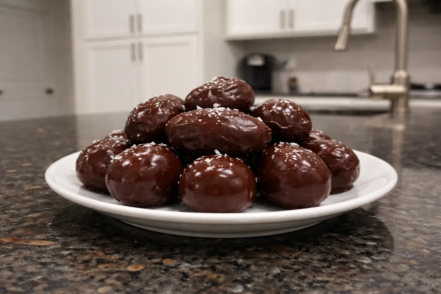 Delicious dark chocolate covered dates, a simple and elegant dessert.
