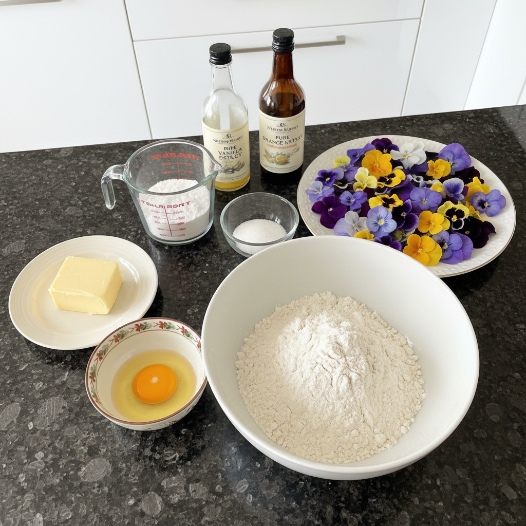 All ingredients for edible flower Valentine’s cookies: flour, butter, sugar, eggs, and edible flowers.