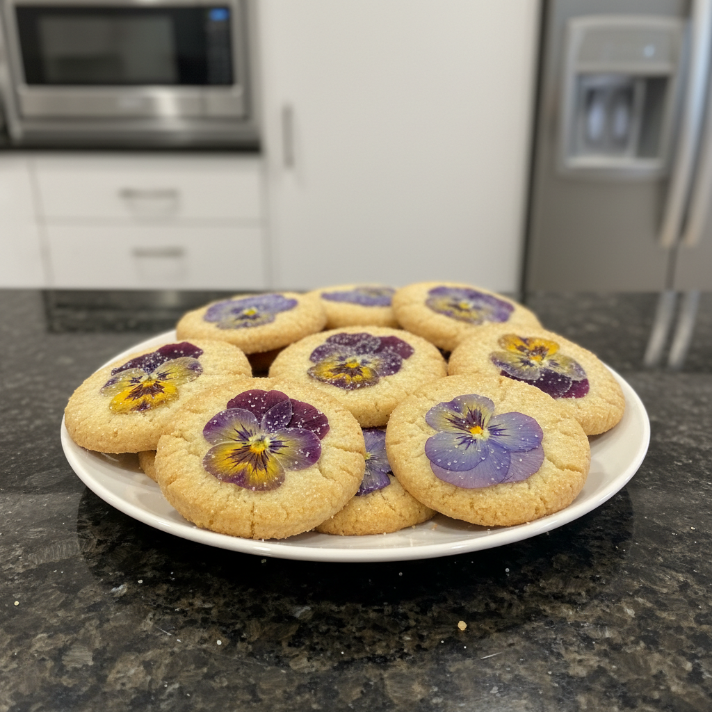 Beautiful edible flower decorated cookies for Valentine’s Day, close up shot.