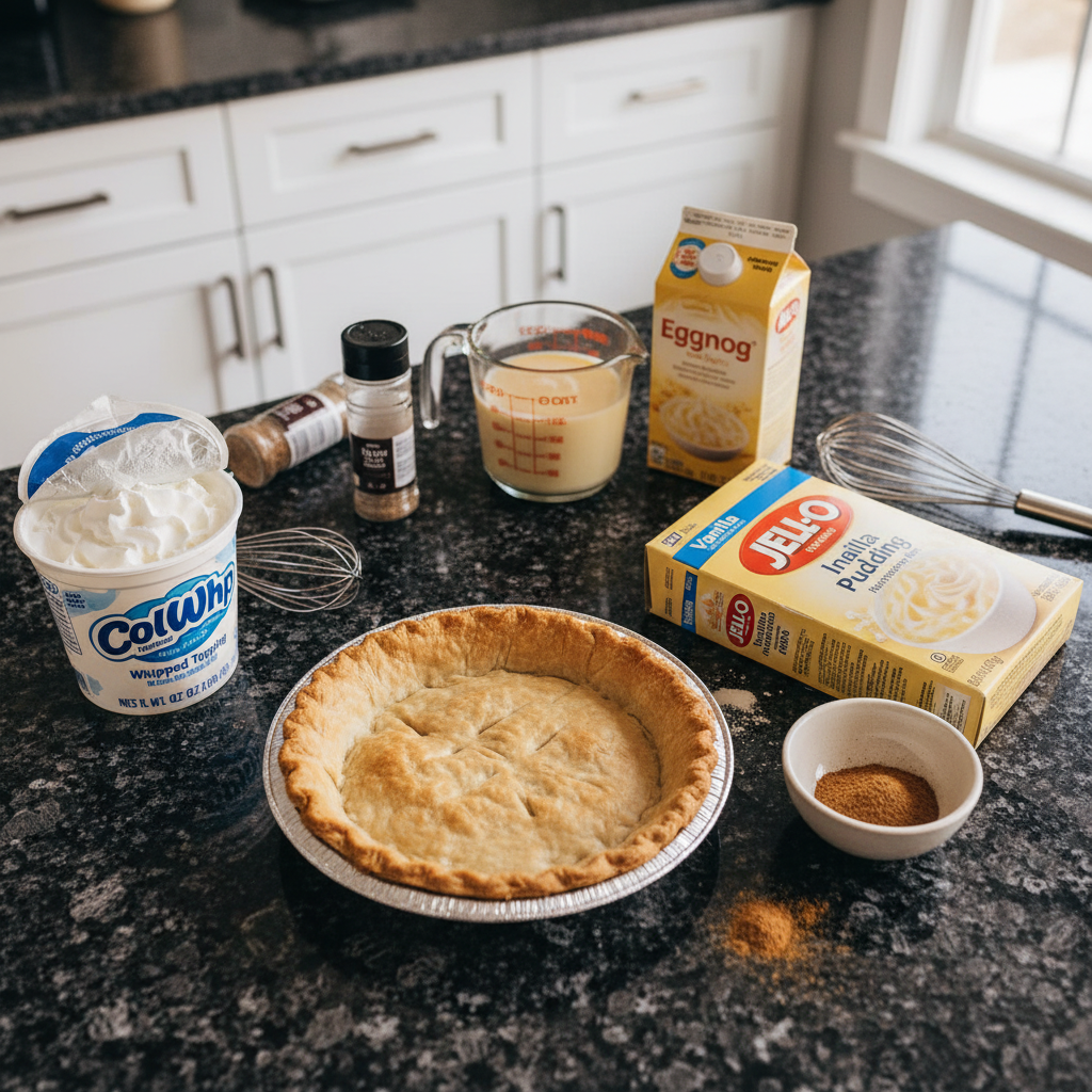 Ingredients for making an eggnog dessert recipe, including eggs, cream, and spices.