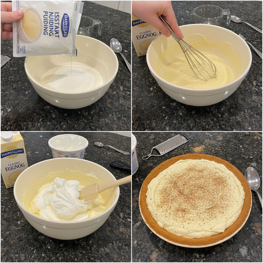 Steps to prepare the eggnog dessert recipe batter in a mixing bowl.