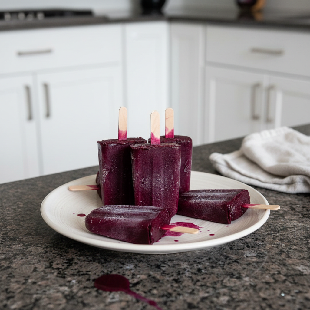 Vibrant elderberry popsicles melting slightly in the summer heat, a refreshing treat.