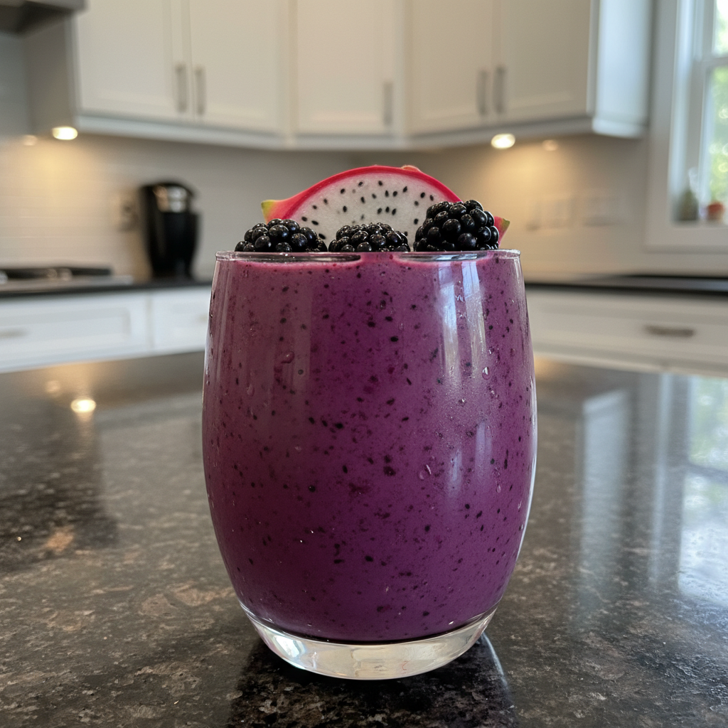 Vibrant elderberry smoothie in a glass, garnished with fresh berries.