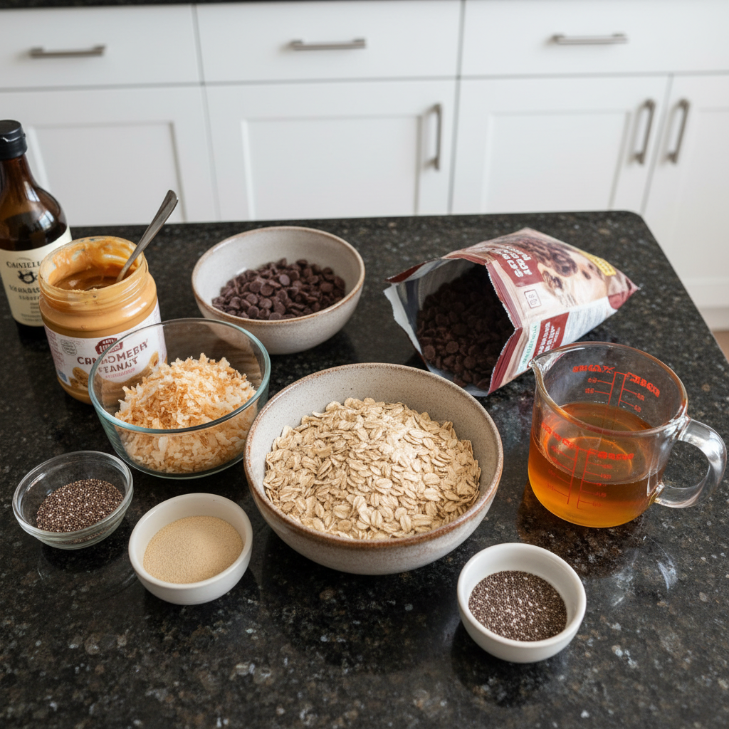 Energy balls ingredients on a wooden surface.