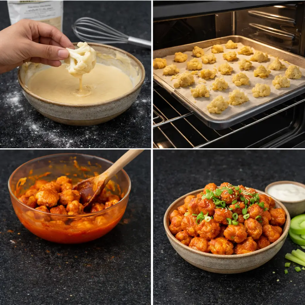 ranch-cauliflower-popcorn-prep Step-by-step shots of prepping ranch cauliflower popcorn before baking.