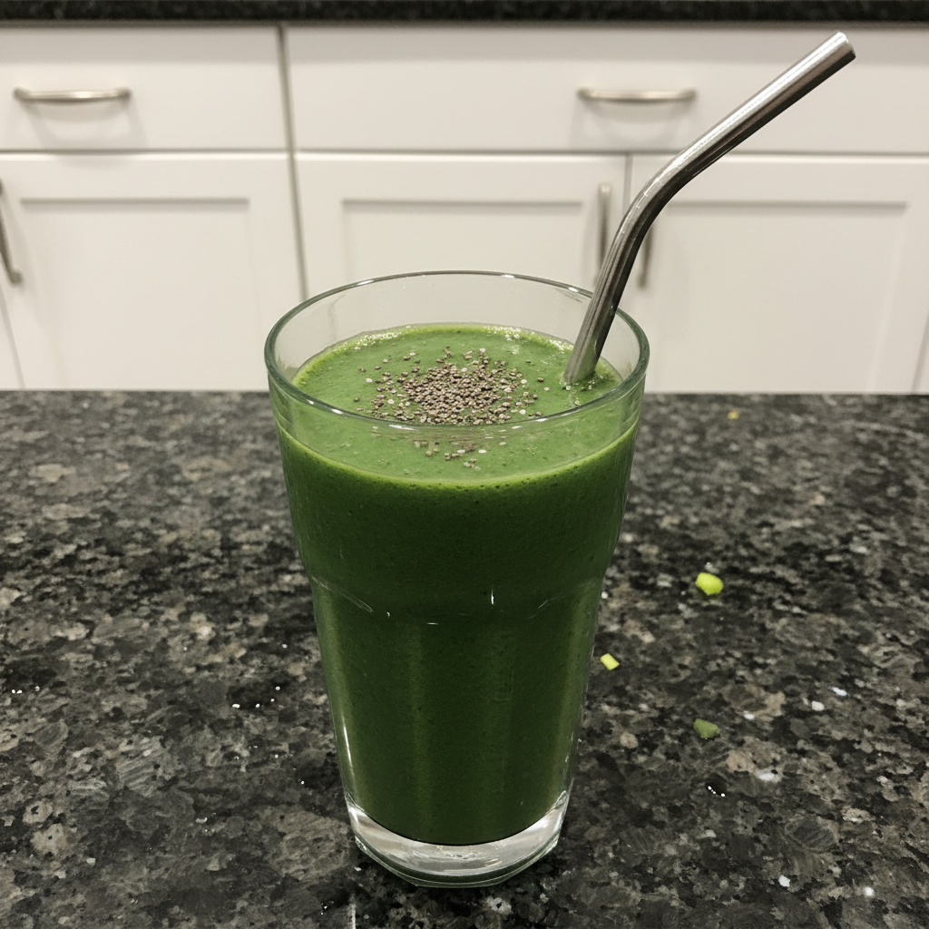 Vibrant fat burning smoothie in glass, topped with fresh berries and mint.