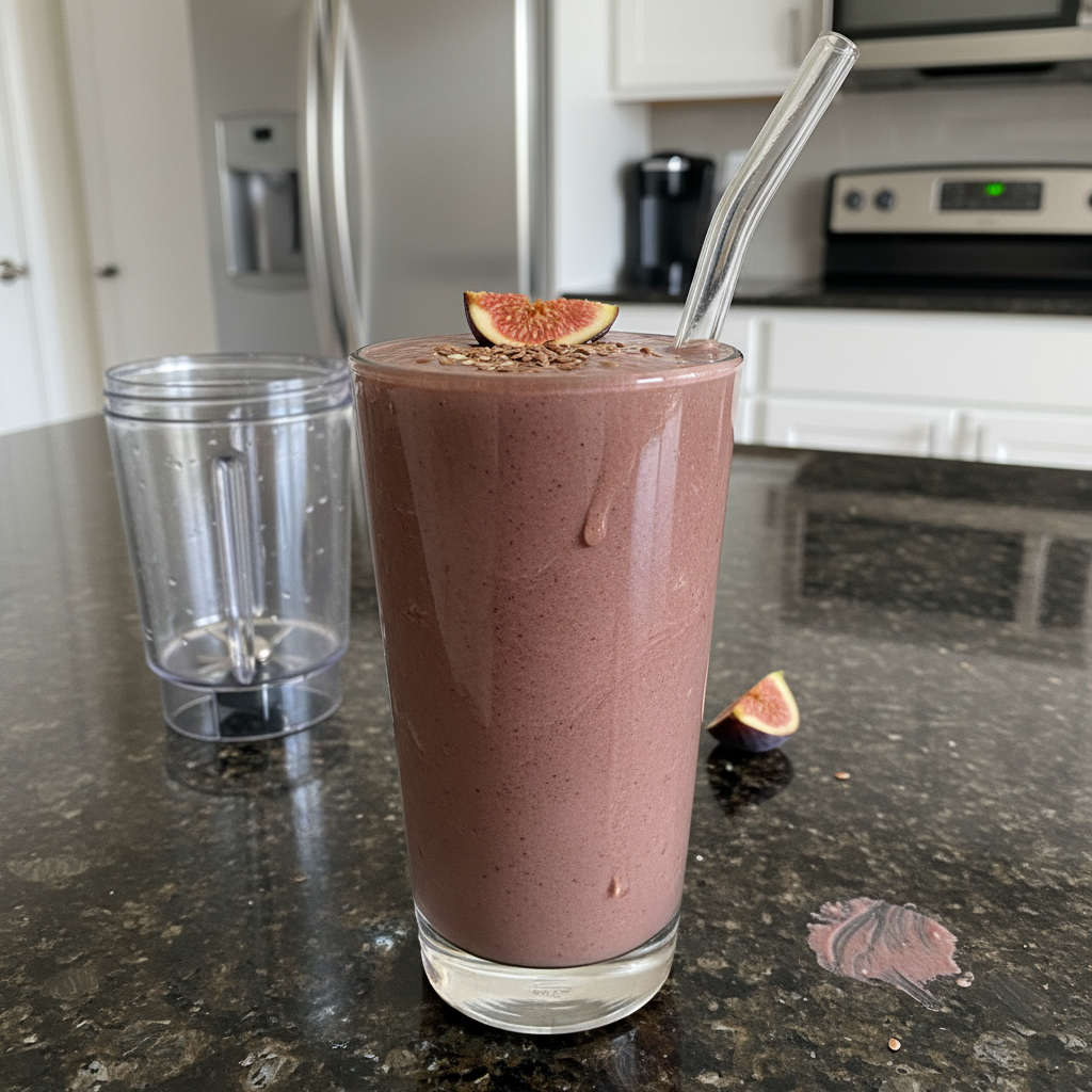 Delicious fig smoothie in a glass with fresh figs. Perfect fig smoothie recipe!