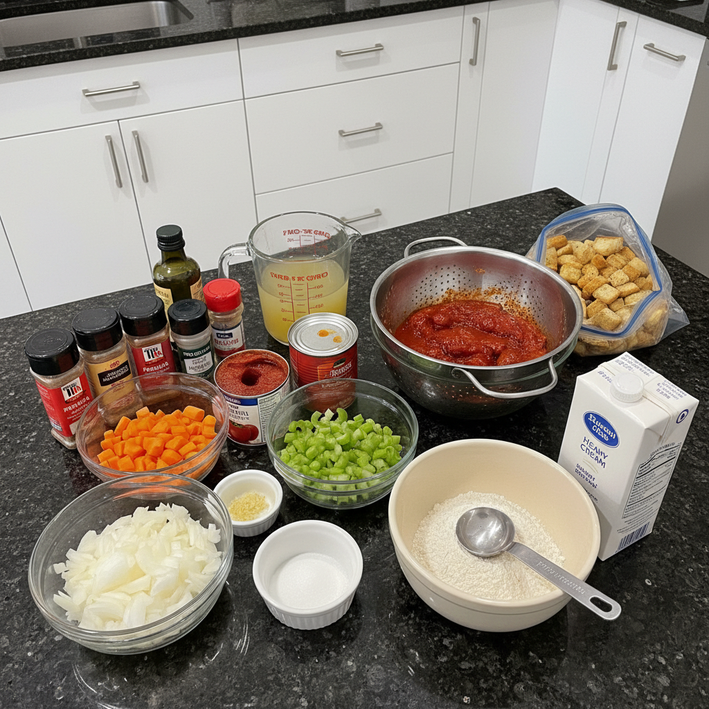 Ingredients for fire roasted tomato soup, including tomatoes, herbs, and cream.