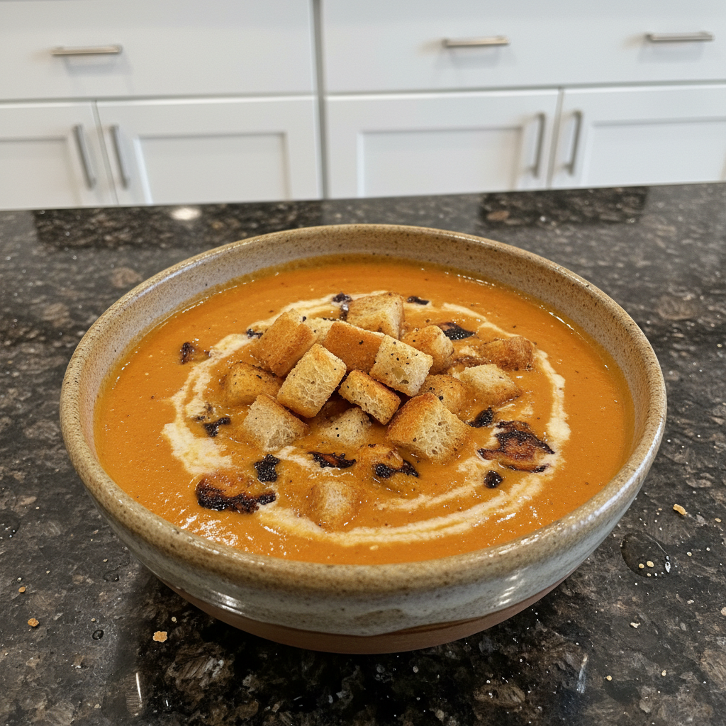 Bowl of fire roasted tomato soup garnished with basil and cream.