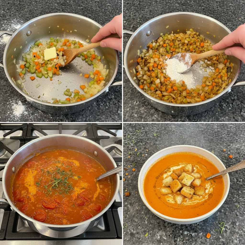 Step-by-step instructions for preparing fire roasted tomato soup.
