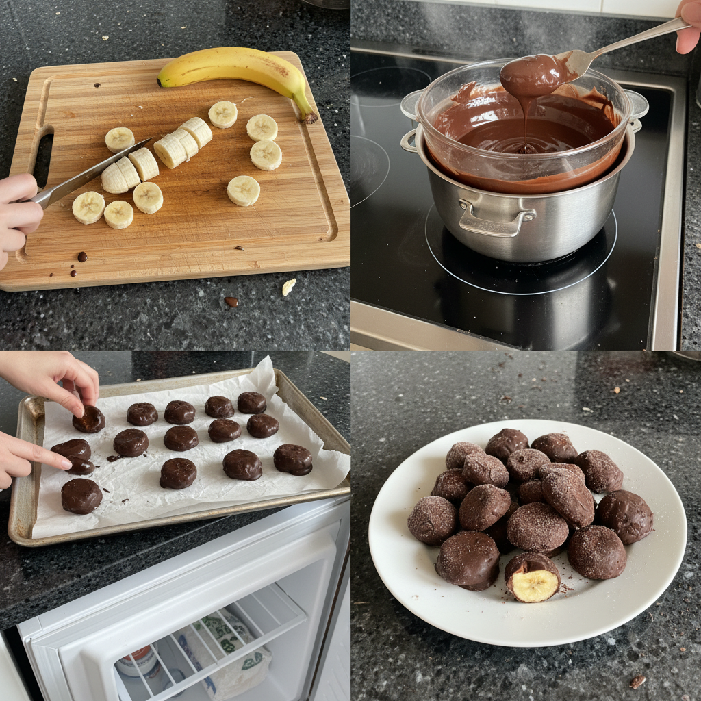 Step-by-step prep for frozen chocolate banana bites.