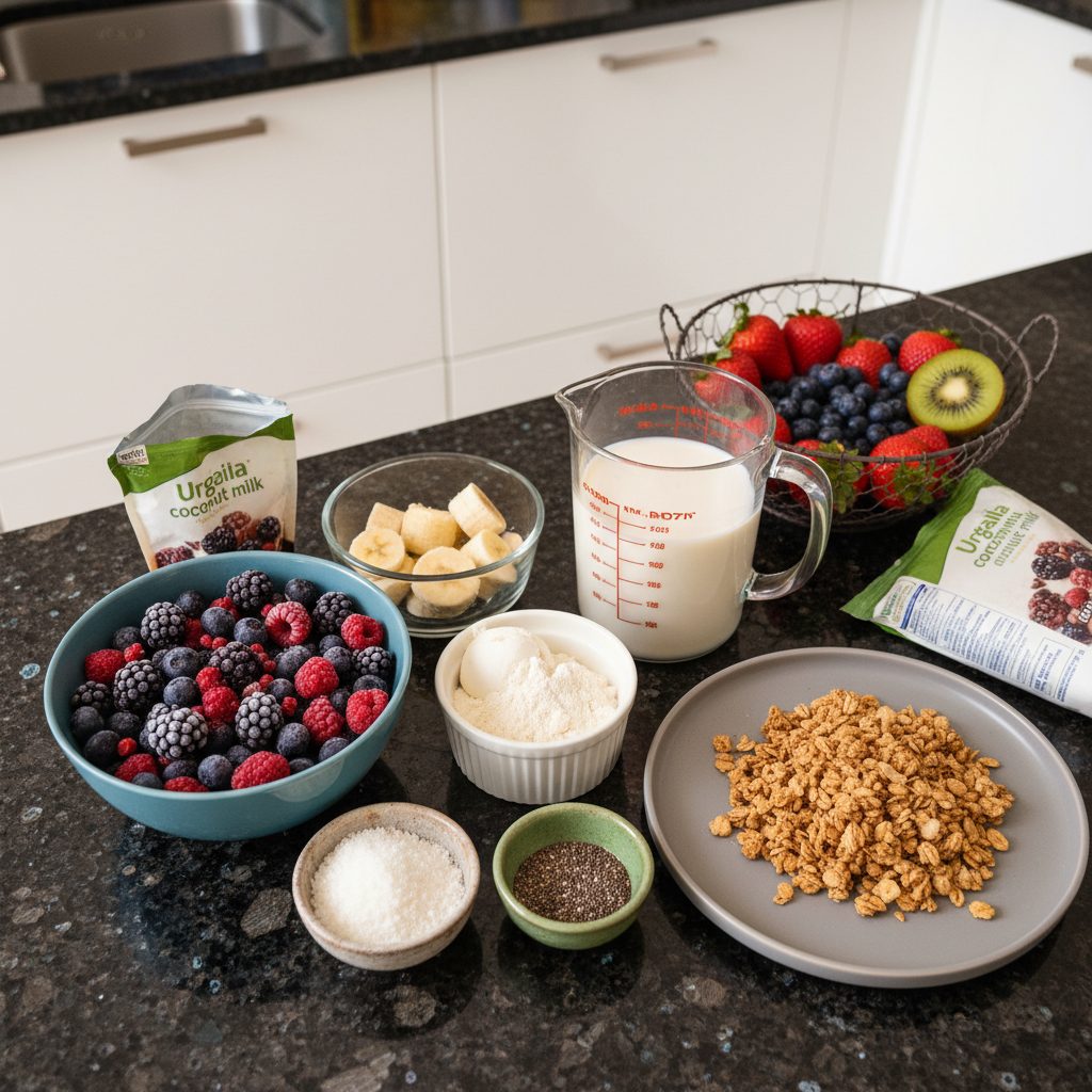 Close-up of the fresh fruit smoothie bowl ingredients: bananas, berries, yogurt.