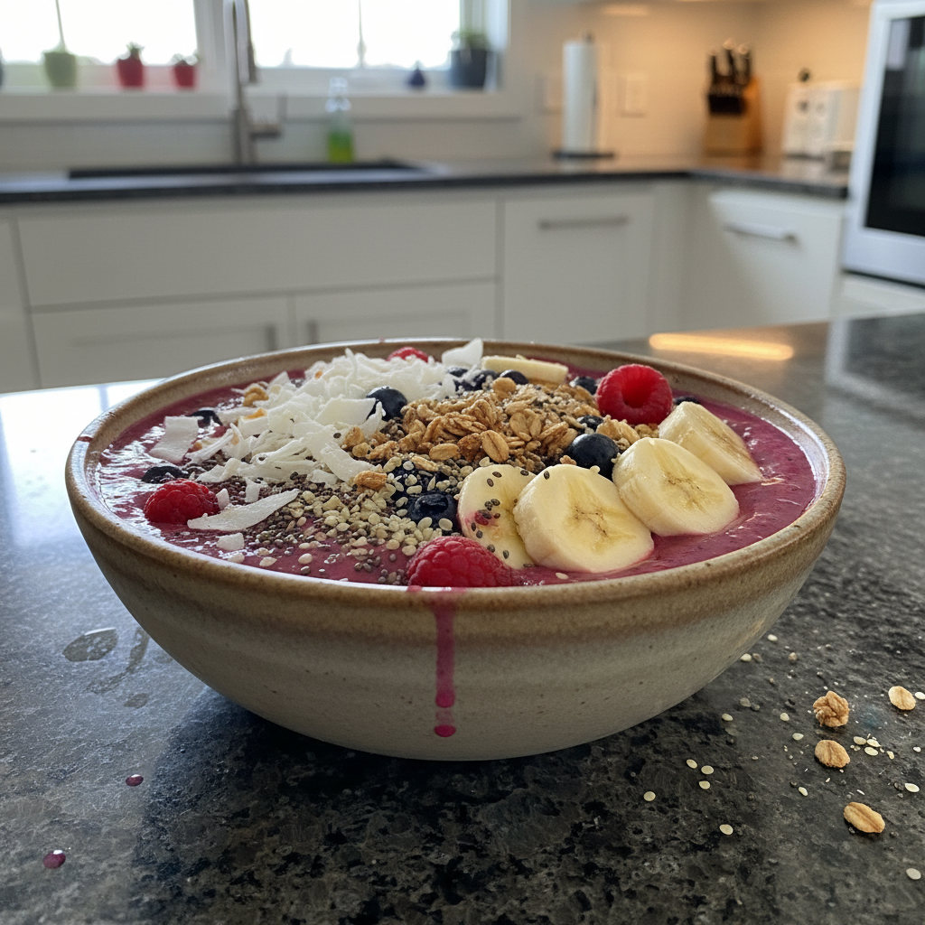 Bright and colorful fruit smoothie bowl topped with fresh berries and granola.