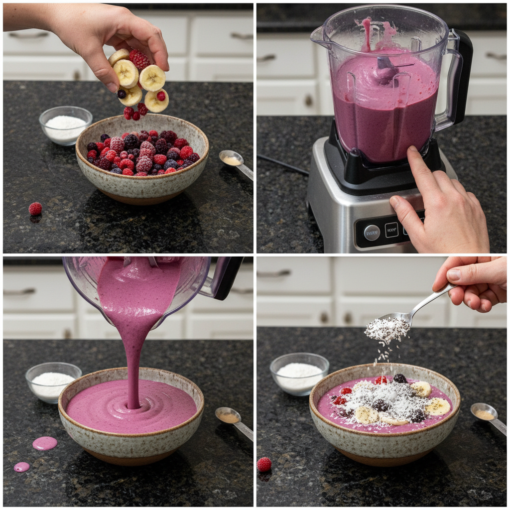 Step-by-step: Blending the fruit smoothie ingredients for the bowl.