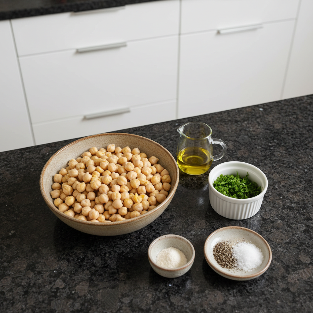 Garlic Baked Chickpeas ingredients: chickpeas, garlic, spices.