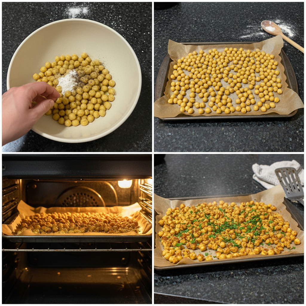 Preparing Garlic Baked Chickpeas: mixing spices with chickpeas.
