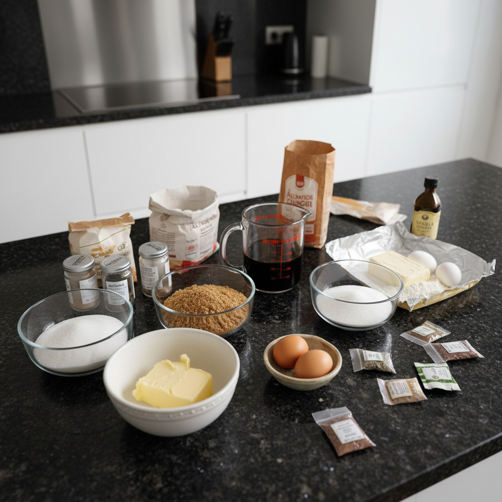 Gathered ingredients for baking Gingerbread Cheesecake Bars.