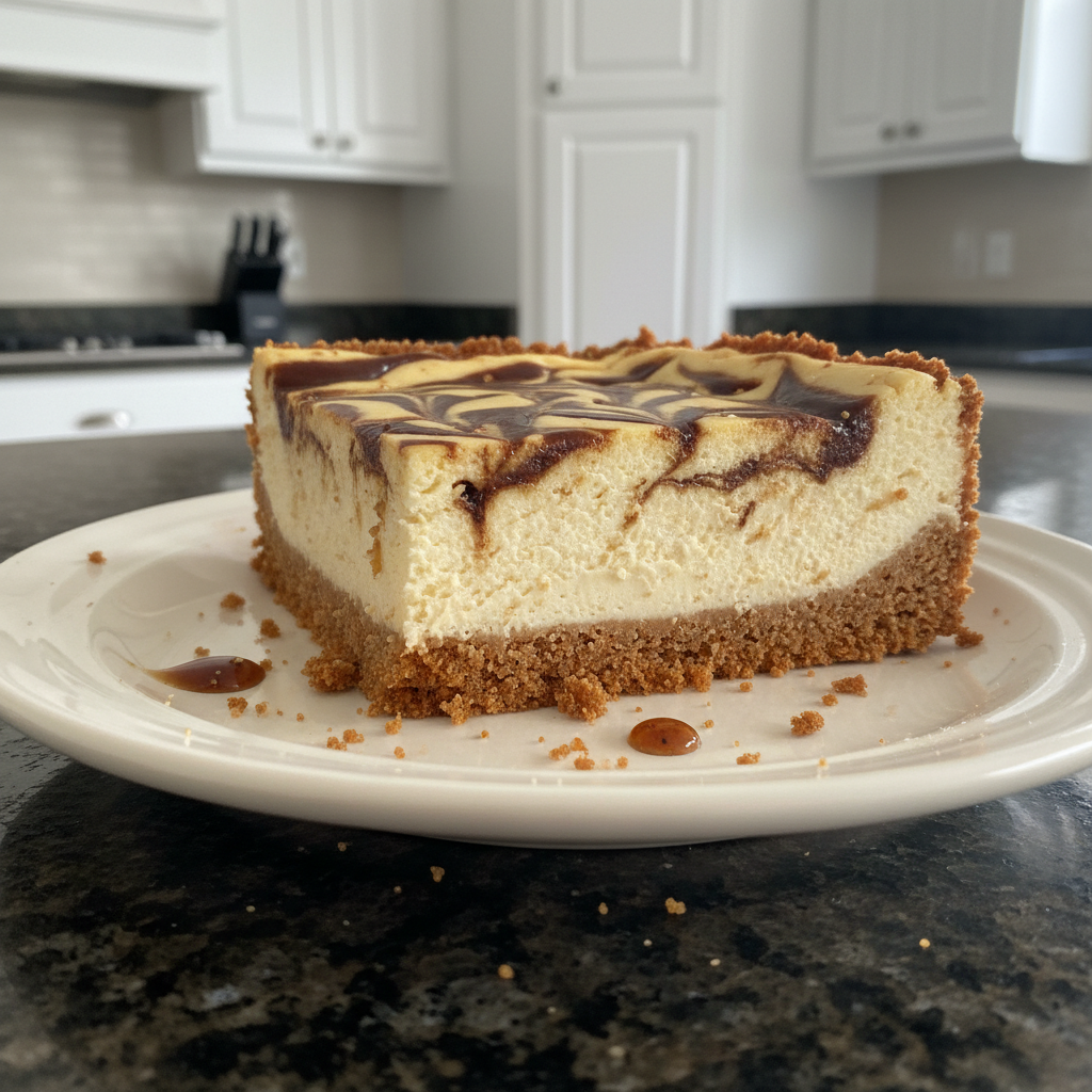 Festive Gingerbread Cheesecake Bars with a swirl of cream cheese frosting.