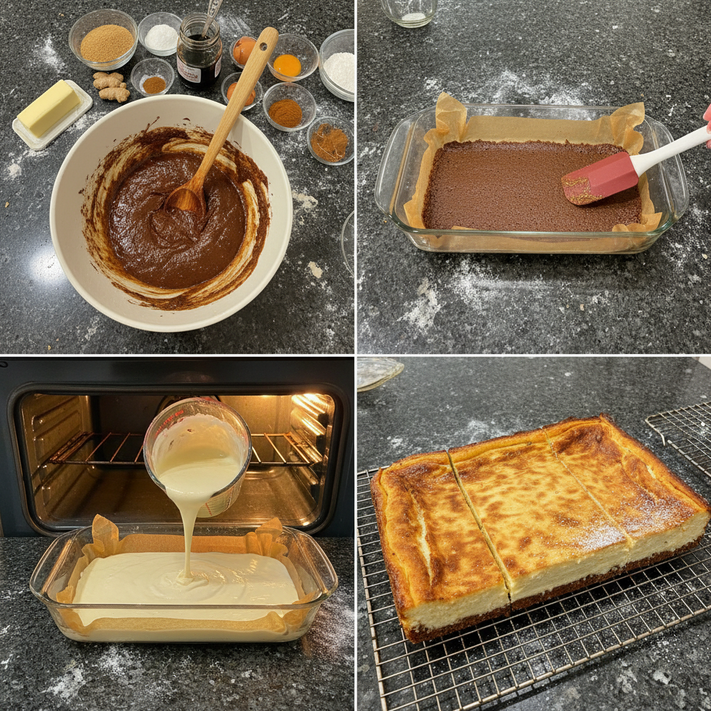 Step-by-step preparation of Gingerbread Cheesecake Bars.