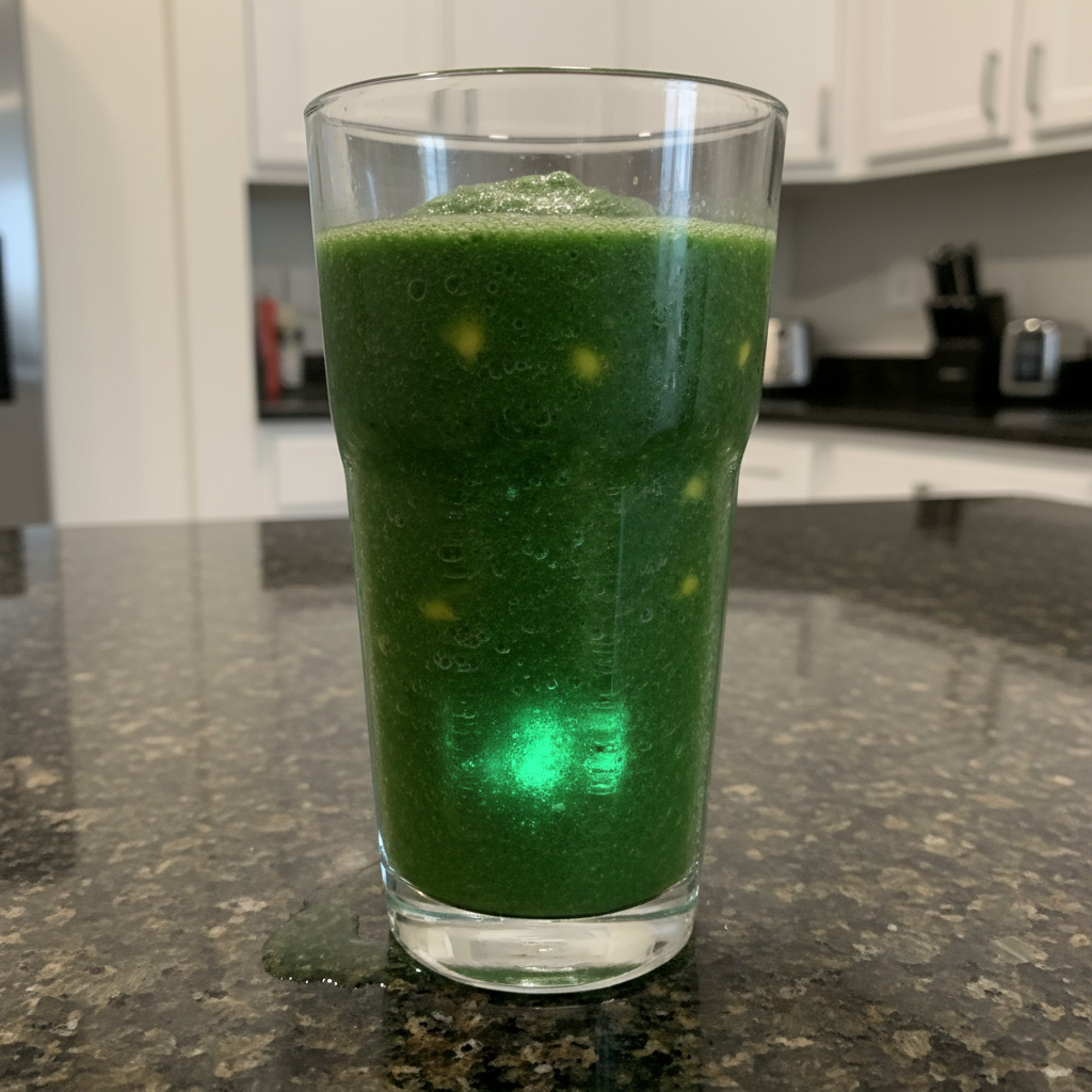 Bright green smoothie in a glass, topped with fruit. Delicious glowing green smoothie recipe.