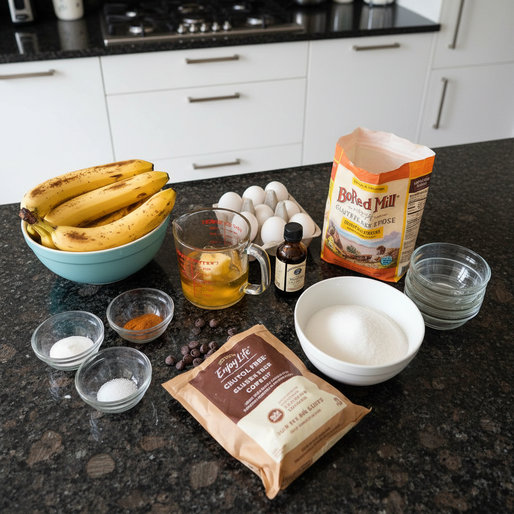 Gluten free banana muffin ingredients: bananas, flour, eggs, and spices.