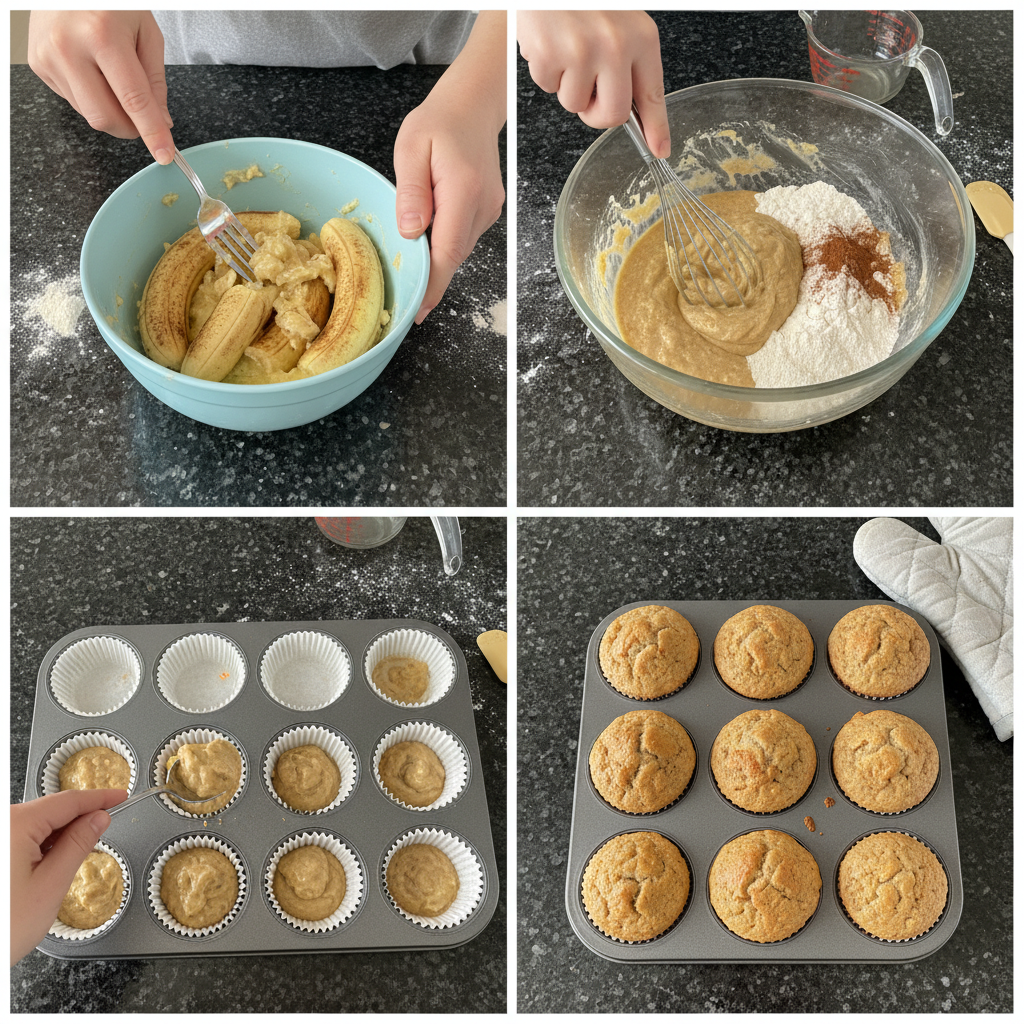 Mixing gluten free banana muffin batter in a bowl.