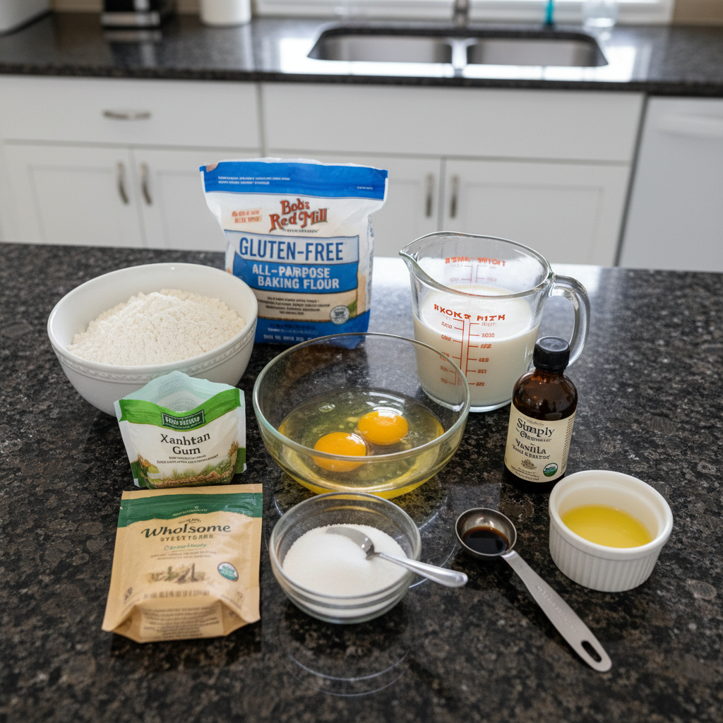 Gluten free crepe ingredients: flour, eggs, milk, and butter in separate bowls.