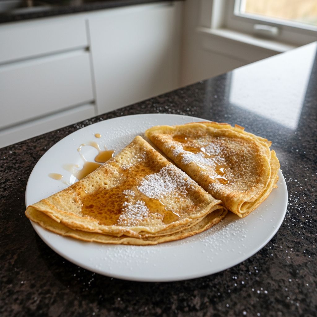 Golden gluten free crepes on a plate, ready to be filled with sweet or savory toppings.