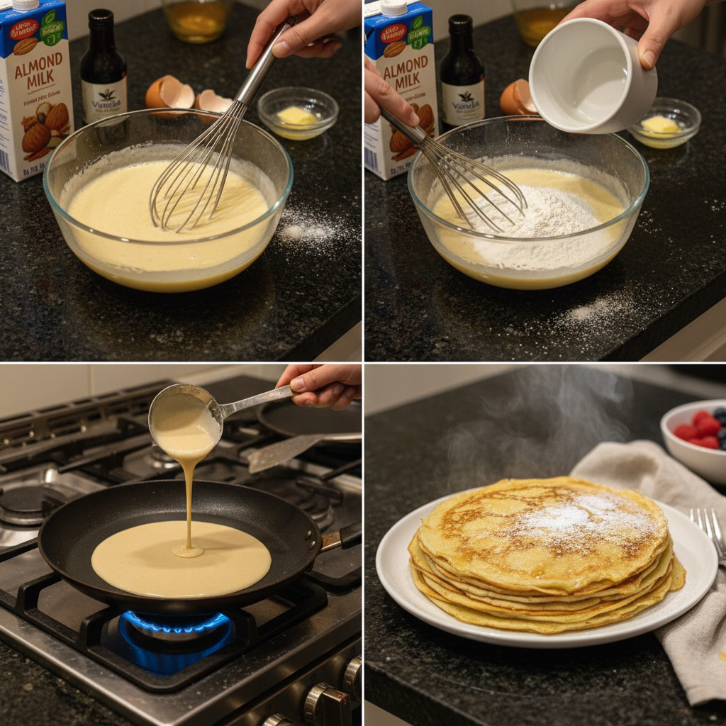 Pouring gluten free crepe batter onto a hot griddle to cook.