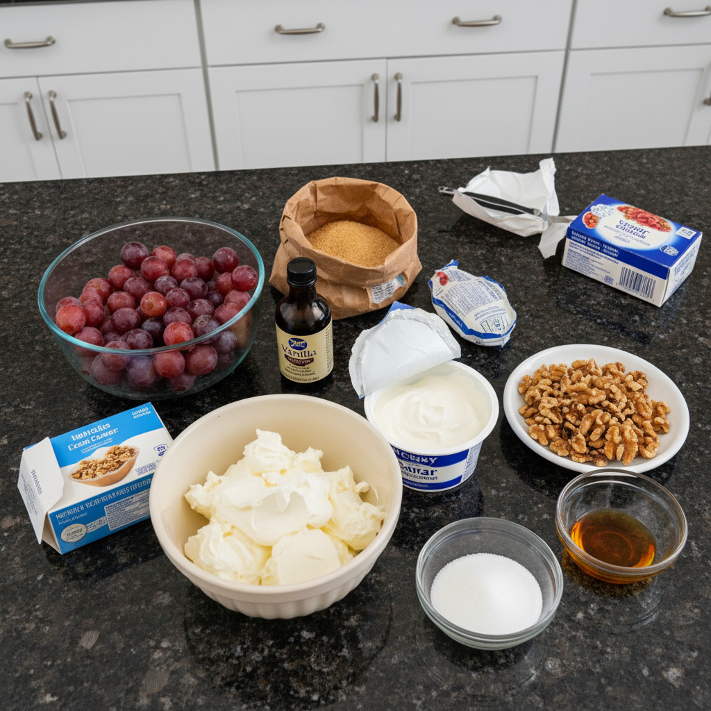Grape salad recipe ingredients, including grapes, cream cheese, sour cream, and pecans.
