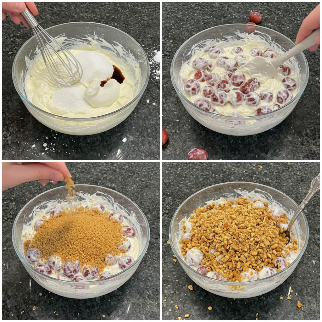 Preparing the grape salad recipe: mixing the creamy dressing.